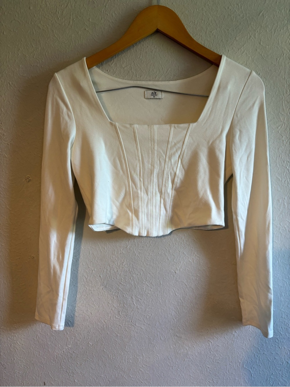 White Long-Sleeve Cropped Square-Neck Top